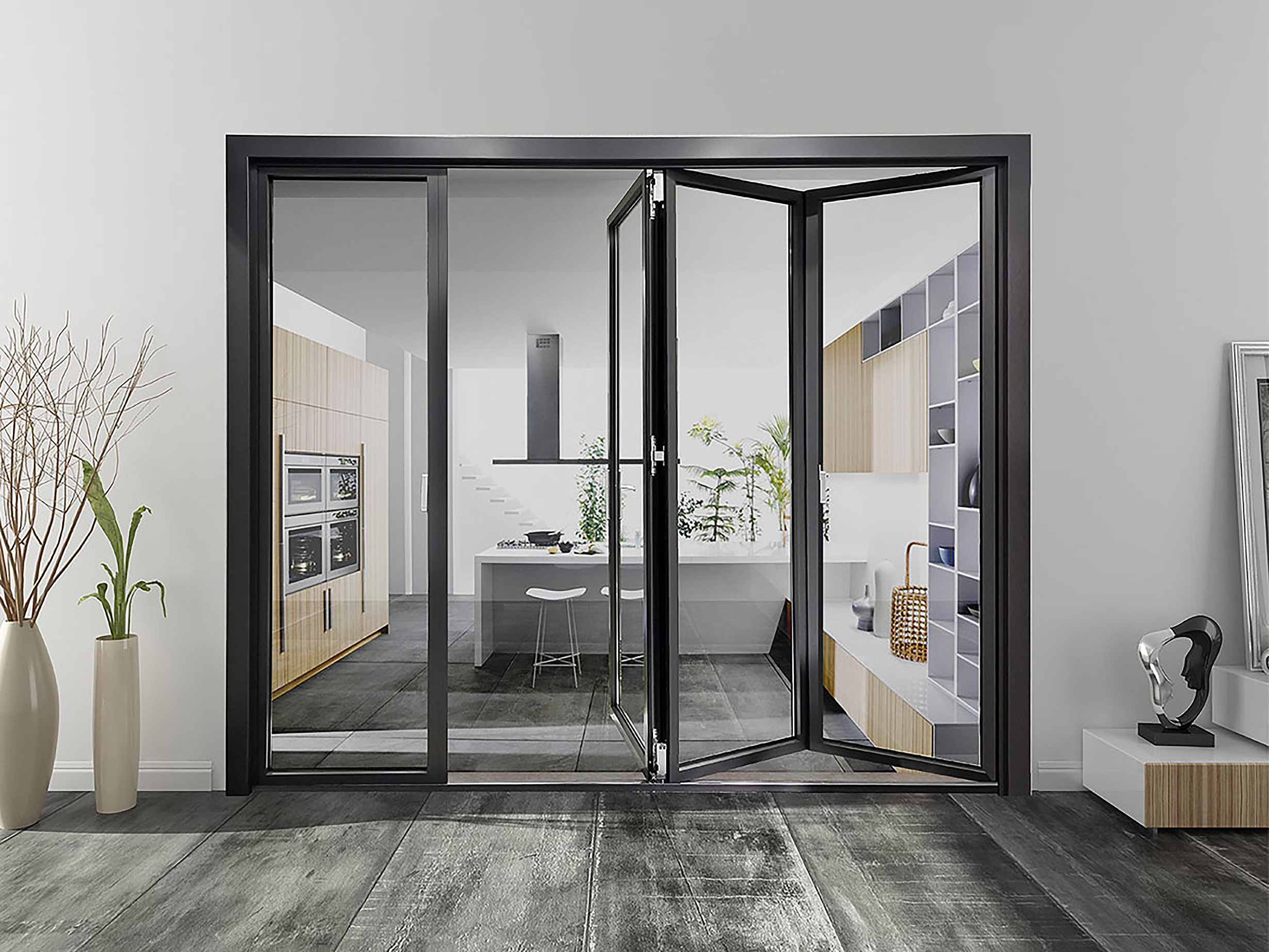 Bi-fold door opening to modern kitchen