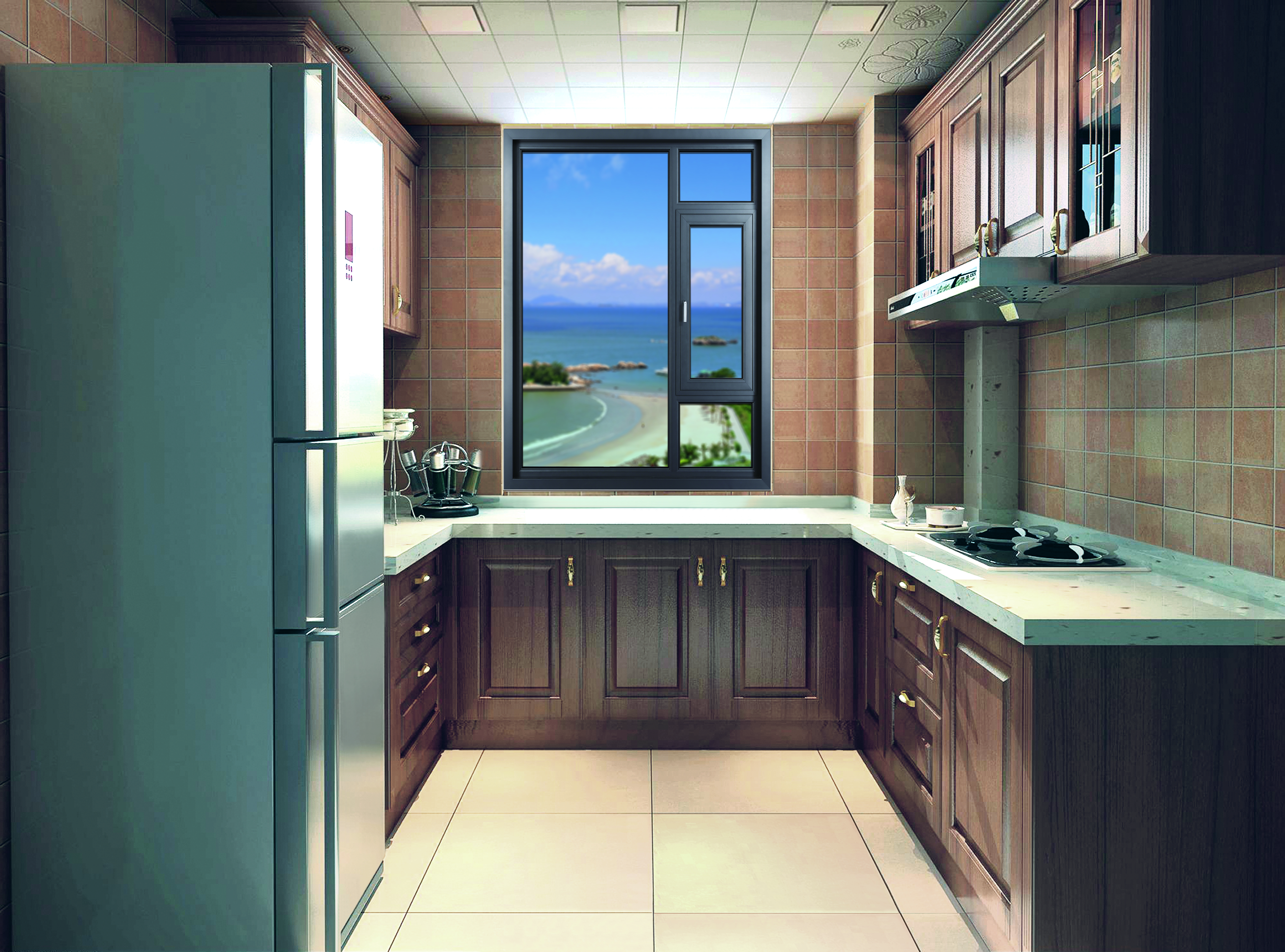 Casement window in kitchen with ocean view